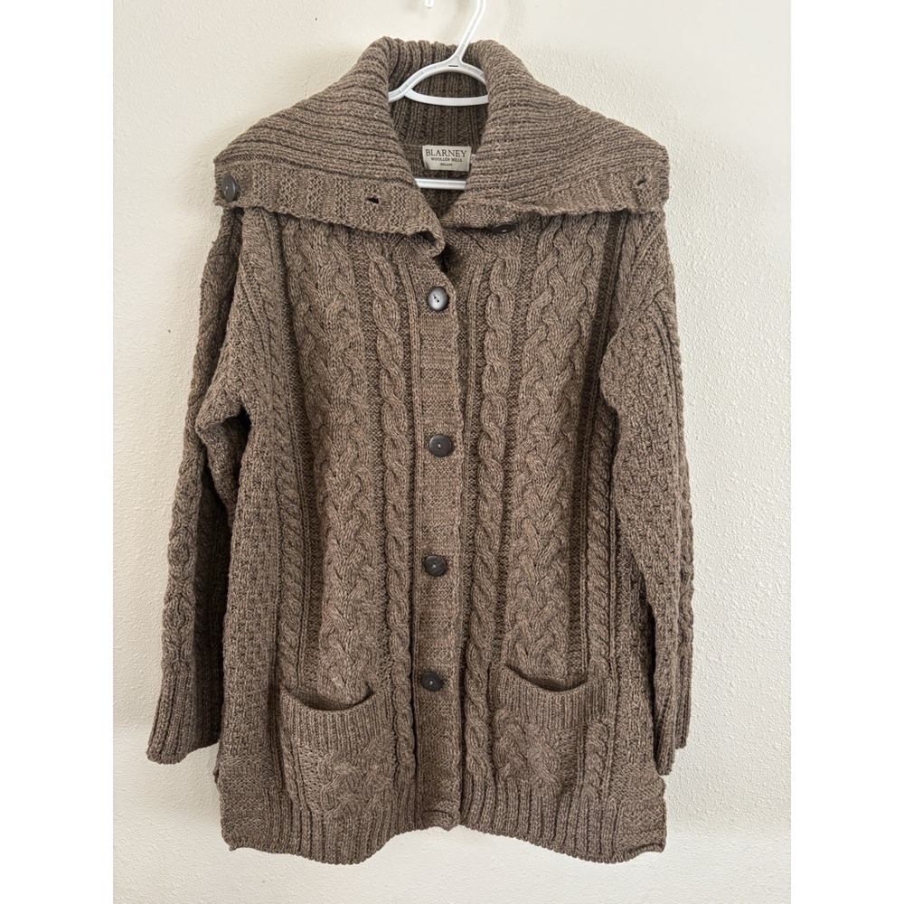 Blarney Woollen Mills Womens XL Merino Wool Cable Knit Cardigan Ireland Brown